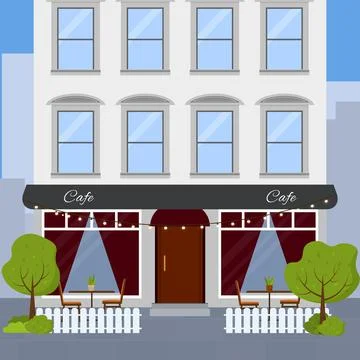 Flat vector illustration of cafe or restaurant at the first floor of walk-up Stock Illustration