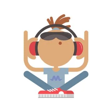 Flat vector illustration of a character that is listening to music. Stock Illustration