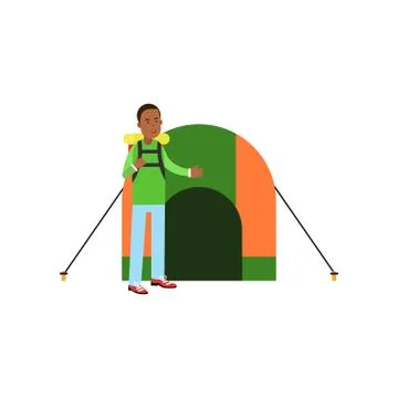 Flat vector illustration of cheerful black man with hiking backpack on his Stock Illustration