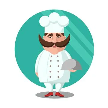 Flat vector illustration of chief-cooker with a mustache in a white dress wit Stock Illustration