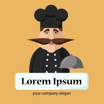 Flat vector illustration of chief-cooker with a mustache in a black dress wit Stock Illustration