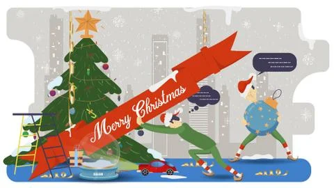 Flat vector illustration for Christmas and new year design small people in co Stock Illustration