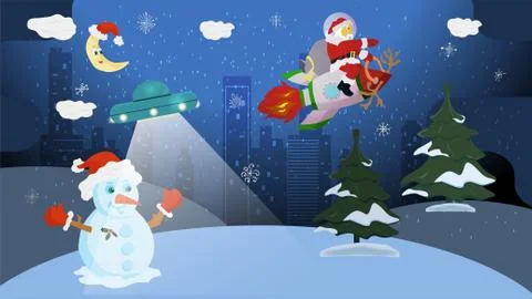 Flat vector illustration for Christmas and new year design Santa Claus flies Stock Illustration