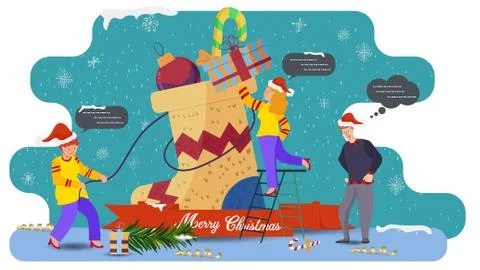 Flat vector illustration for Christmas and new year design little people set Stock Illustration