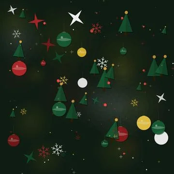 Flat Vector Illustration of Christmas Trees and Ornaments on Dark Background Stock Illustration