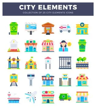 Flat vector illustration of city elements icons with buildings. vehicles. a.. Stock Illustration