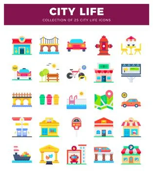 Flat vector illustration of city life icons Stock Illustration