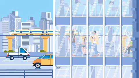 Flat vector illustration of city traffic and people activities in the buildin Illustrazione stock