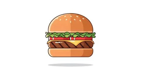 A flat vector illustration of a classic cheeseburger with lettuce and tomat.. Stock Illustration