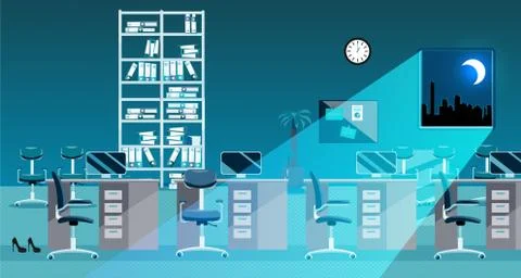Flat vector illustration of classic office room interior at night. Open space 스톡 일러스트