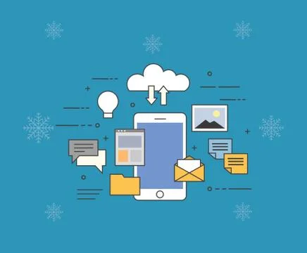 Flat vector illustration of cloud for smartphones on winter background. All in Stock Illustration