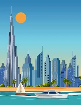 Flat Vector Illustration of a Coastal City Skyline with Luxury Boats Stock Illustration