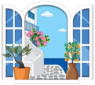 Flat vector illustration of coastal scenery through open window with potted c Stock Illustration