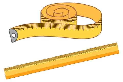 A flat vector illustration of a coiled yellow measuring tape and a straight r Illustrazione stock