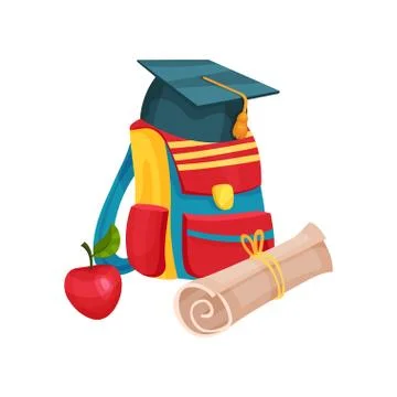 Flat vector illustration of colorful backpack, graduation hat, red apple and Stock Illustration