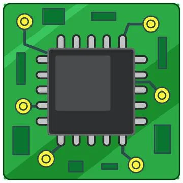 Flat Vector Illustration of a Computer Microchip on Green Circuit Board Stock Illustration