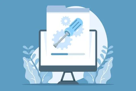 Flat vector illustration of computer repair with screwdriver and gear Stock Illustration