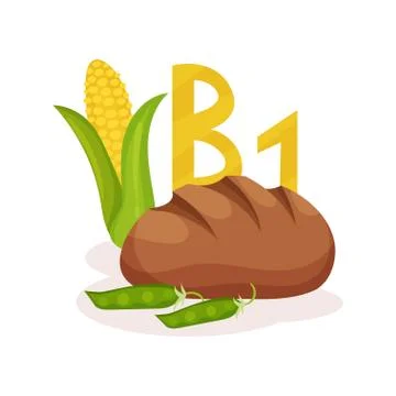 Flat vector illustration of corn, green peas and rye bread. Products with Stock Illustration