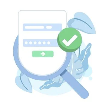 Flat vector illustration of correct password verification with magnifying glass Stock Illustration