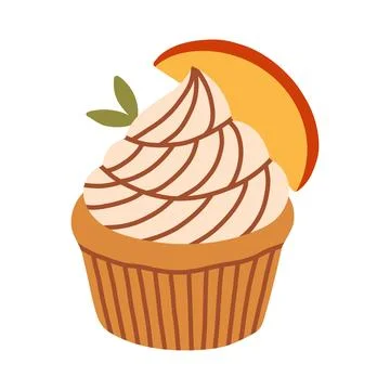 A flat vector illustration of a cozy autumn cupcake topped with swirled Stock Illustration
