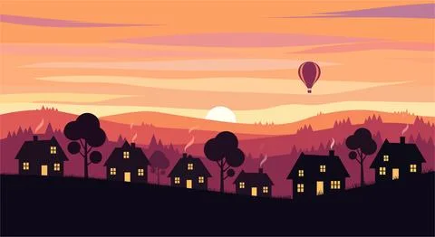 Flat vector illustration of a cozy countryside village at sunset. Perfect for Stock Illustration