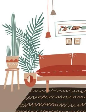 Flat vector illustration of cozy home interior design for web site, post card Stock Illustration