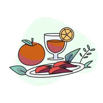 Flat vector illustration, craft rabbit apple, orange juice and citrus fruits. Stock Illustration
