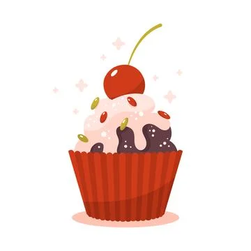 Flat vector illustration of cupcake with cream and cherry. 스톡 일러스트