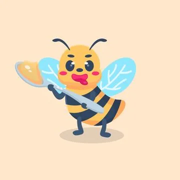 Flat Vector Illustration of Cute Bee Holding Spoon with Honey Illustrazione stock