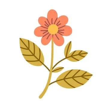 Flat vector illustration of a cute blooming flower with leaves in a minimal Stock Illustration