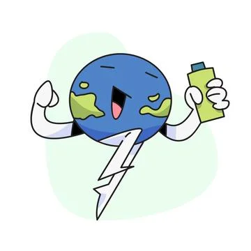 Flat vector illustration, cute globe holding drinking water or juice. Stock Illustration