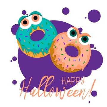 Flat vector illustration of cute halloween doughnut. Monsters donuts with big Stock Illustration