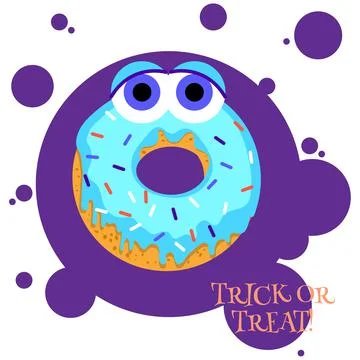 Flat vector illustration of cute halloween doughnut. Monster donut with big eyes Stock Illustration