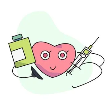 Flat vector illustration, cute heart holding vaccine injection with stethos.. Stock Illustration