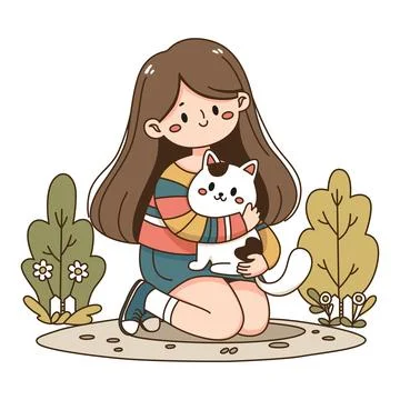 Flat vector illustration of a cute little girl crouching and hugging a whit.. Stock Illustration