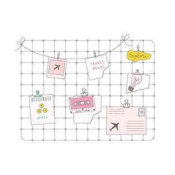 Flat vector illustration with cute paper notes, clip, card. Metal grid wall mood Stock Illustration