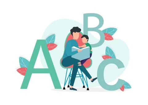 Flat vector illustration with dad teaching his kid to read on white background Stock Illustration