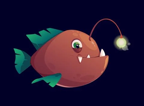 Flat vector illustration of a deep sea angler fish character design with a gl Stock Illustration