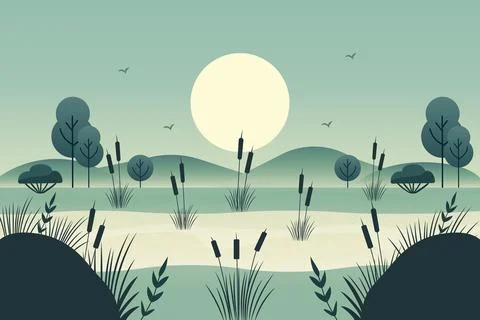 Flat vector illustration depicting swampy area with reeds in moonlight Stock Illustration