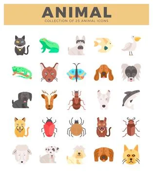 Flat vector illustration of diverse animals arranged in a grid pattern. Illustrazione stock