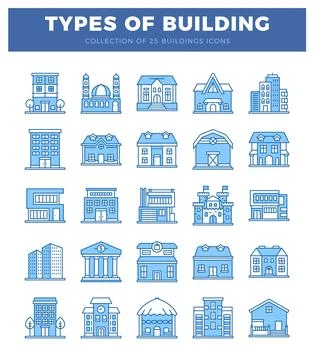 Flat vector illustration diverse building icons in blue outline style again.. Ilustración de archivo