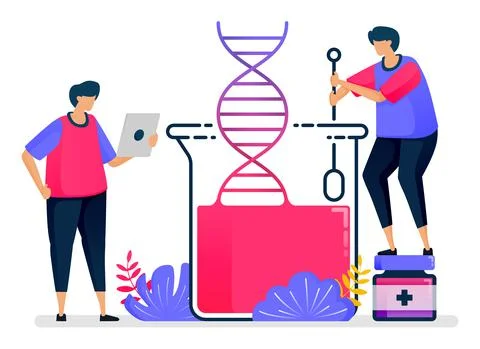 Flat vector illustration of dna experiments with glass chemistry. Biology and Stock Illustration