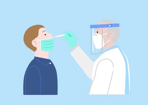 Flat vector illustration- Doctor taking sample with nasal swab Stock Illustration