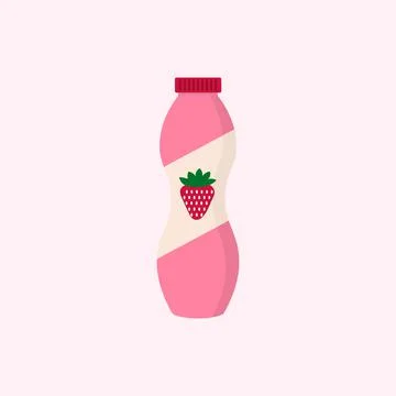 Flat vector illustration of drinkable strawberry yogurt in plastic pink bottle Stock Illustration
