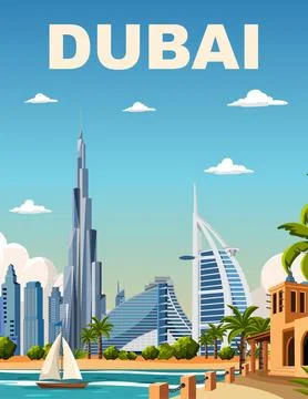 Flat Vector Illustration of Dubai Skyline with Burj Khalifa and Beach Illustrazione stock