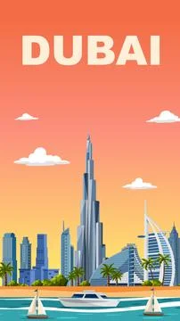 Flat Vector Illustration of Dubai Skyline with Famous Landmarks and Boats Stock Illustration