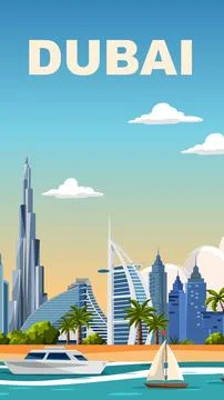 Flat Vector Illustration of Dubai Skyline with Famous Landmarks and Boats Stock Illustration