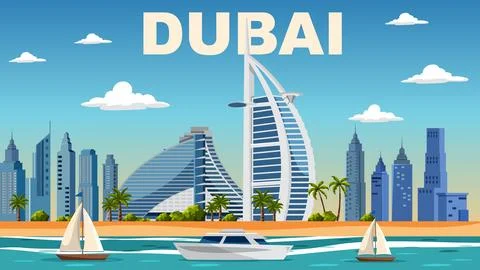 Flat Vector Illustration of Dubai Skyline with Beach and Boats Illustrazione stock