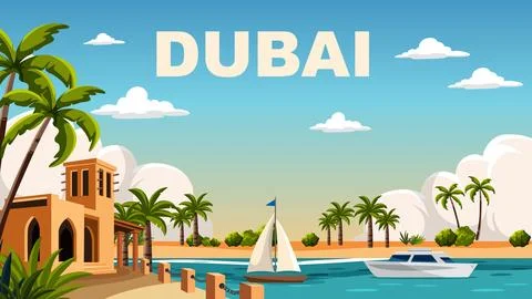 Flat Vector Illustration of Dubai Waterfront with Palm Trees and Boats Stock Illustration