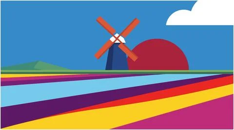 Flat vector illustration of dutch windmill in colorful tulip flower fields Stock Illustration
